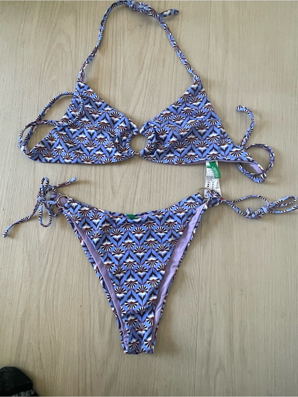 Lavender Floral Triangle Bikini Top with Ring Detail